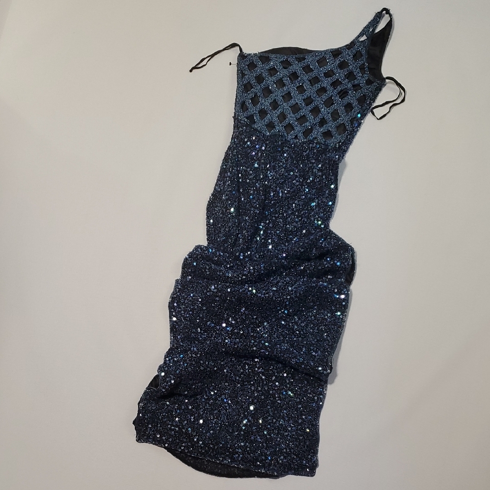 Vintage Scala Navy Blue 100% Silk Beaded Sequin Halter Open Back Formal Gown